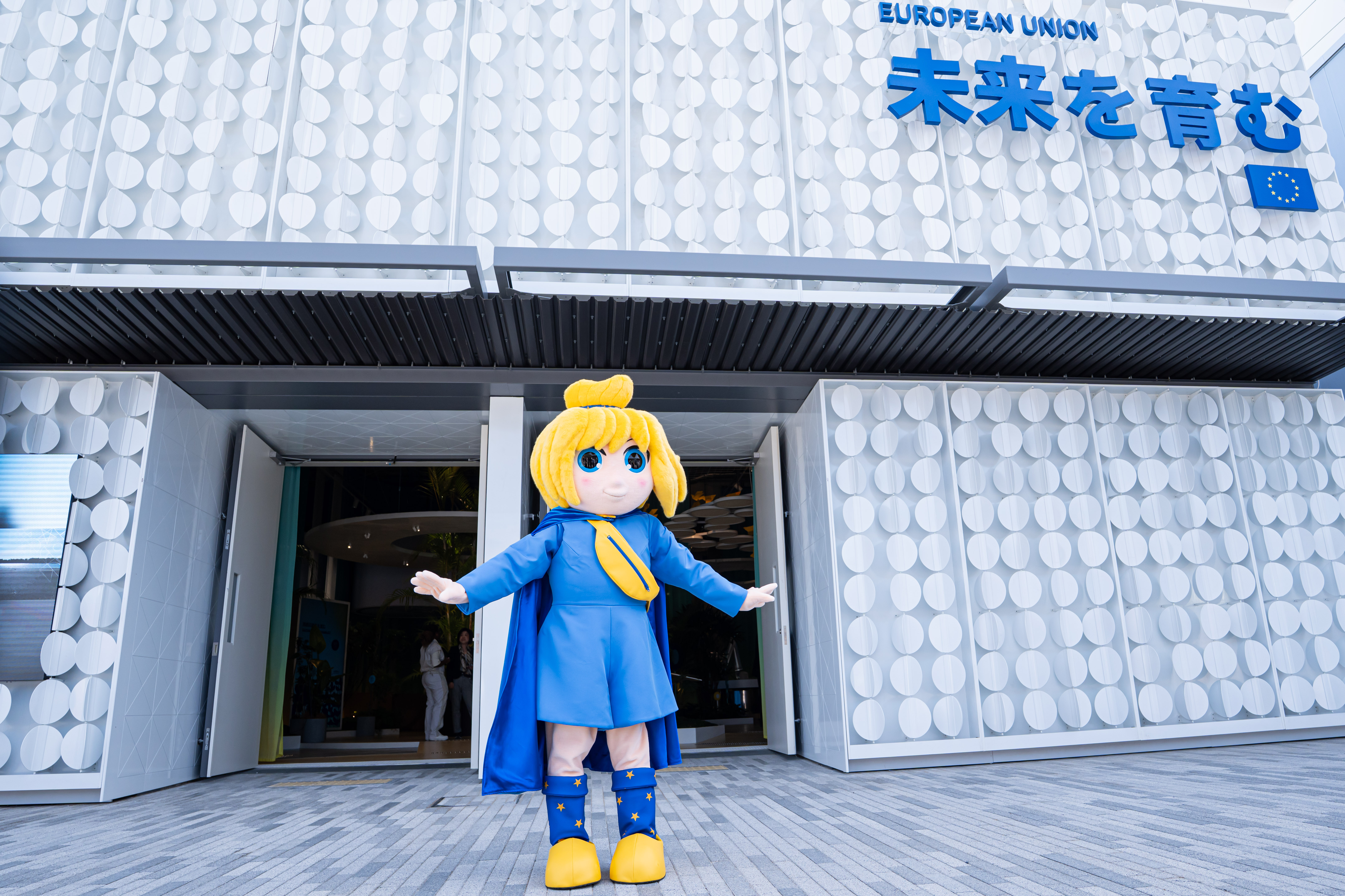 EU Mascot, Europa, in front of the EU Pavilion